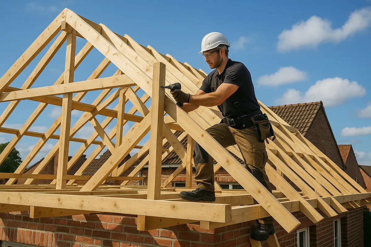 Timmerman bouwt houten dakconstructie met spanten