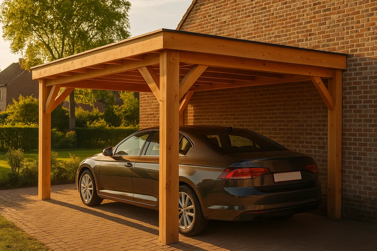 Houten carport op maat naast woning met plat dak